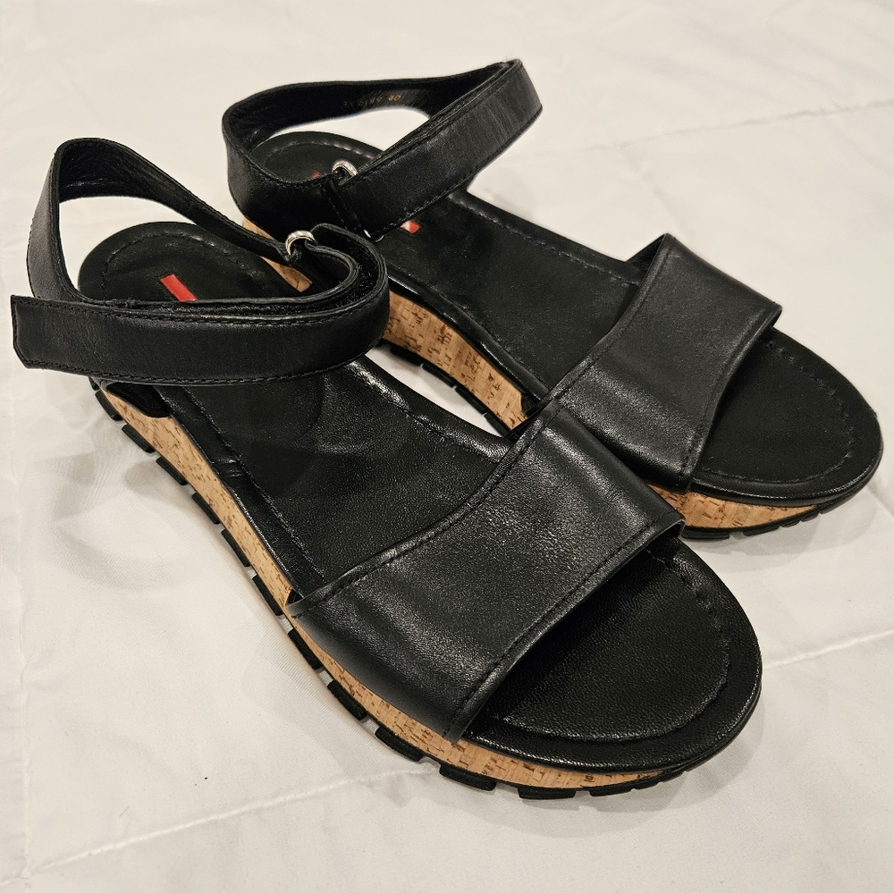 New PRADA Saffiano Upper Cork Bottom Sandal, Nero